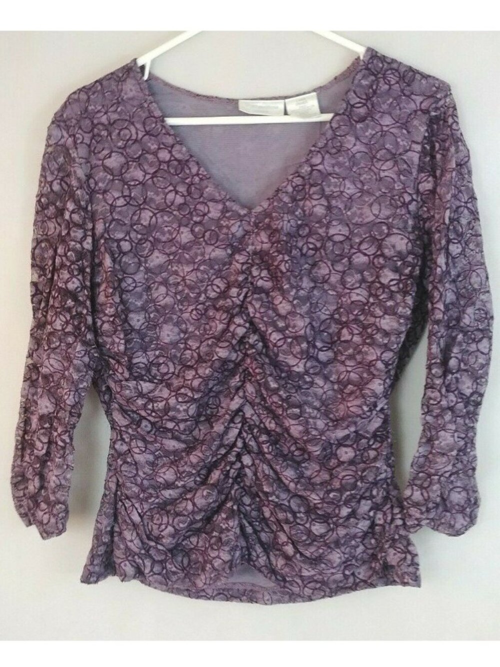 Worthington Stretch 3/4 Sleeve Gathered Blouse Purple W/ Circle Design Size L